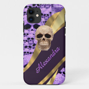 Gepersonaliseerde paarse gotische schedel iPhone 11 hoesje