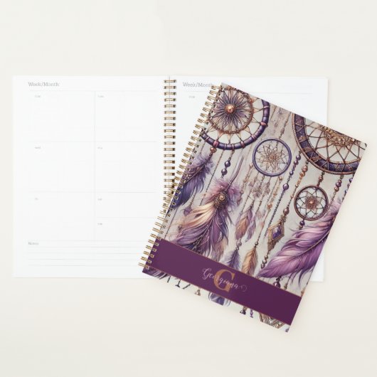 Gepersonaliseerde Paarse & Gouden Boho Dreamcatche Planner (Display)