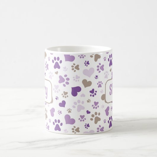 Gepersonaliseerde Paarse harten Paw Prints Mok (Center)
