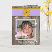 Gepersonaliseerde paarse rustieke verjaardagsfoto kaart (Gele Bloem)