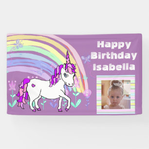 Gepersonaliseerde Paarse Unicorn Rainbow Birthday Spandoek