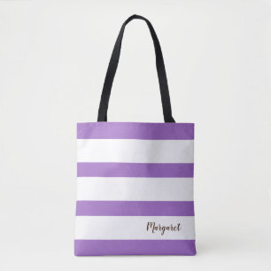 Gepersonaliseerde Paarse & Witte Gestreepte Canvas Draagtas