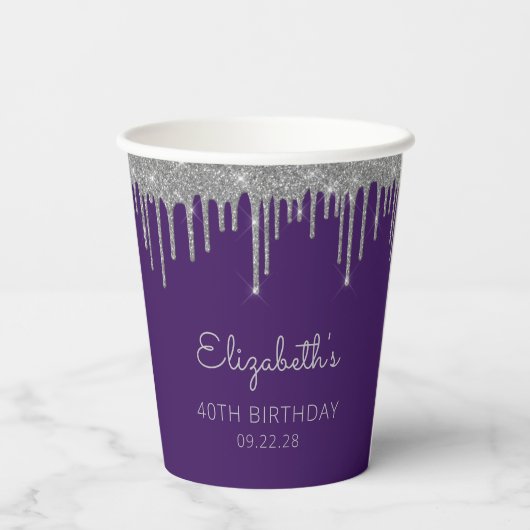 Gepersonaliseerde Paarse Zilveren 40ste Verjaardag Papieren Bekers (Achterkant)