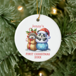 Gepersonaliseerde Panda Beer en Hedgehog Cub Chris Keramisch Ornament