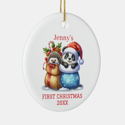 Gepersonaliseerde Panda Beer en Hedgehog Cub Chris Keramisch Ornament (Rechts)