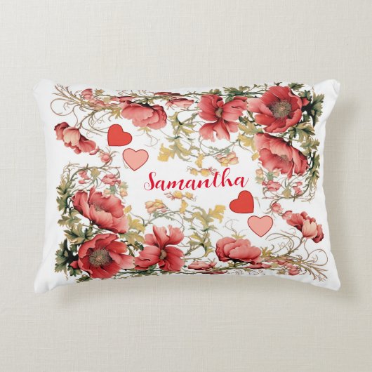 Gepersonaliseerde  papaver en harten accent kussen (Voorkant)