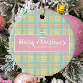 Gepersonaliseerde Pastel Plaid Kerstmis Keramisch Ornament