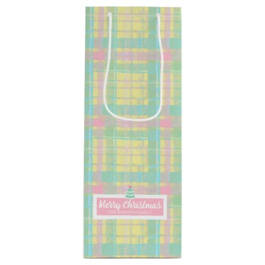 Gepersonaliseerde Pastel Plaid Kerstmis Wijn Cadeautas (Voorkant)