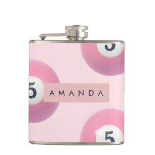 Gepersonaliseerde pastel roze nummer 5 biljartbal heupfles