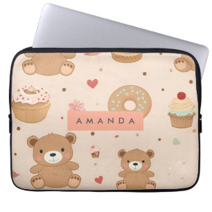 Gepersonaliseerde pastel teddybeer en donut desser laptop sleeve