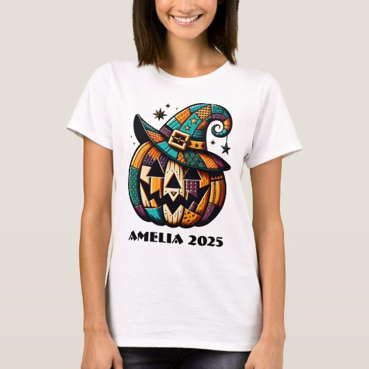 Gepersonaliseerde Patchwork Pompoen Halloween T-sh T-shirt (Voorkant)