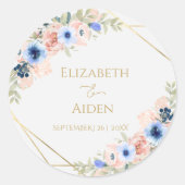 Gepersonaliseerde Peach Blue Wedding Ronde Sticker (Voorkant)