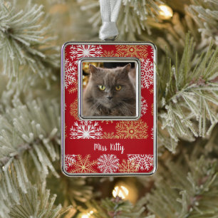 Gepersonaliseerde Pet Cat Dog Red Kerstmis Snowfla Verzilverd Kader Ornament