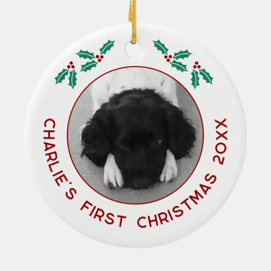 Gepersonaliseerde Pet Puppy Hond Eerste Kerstfoto Keramisch Ornament (Achterkant)
