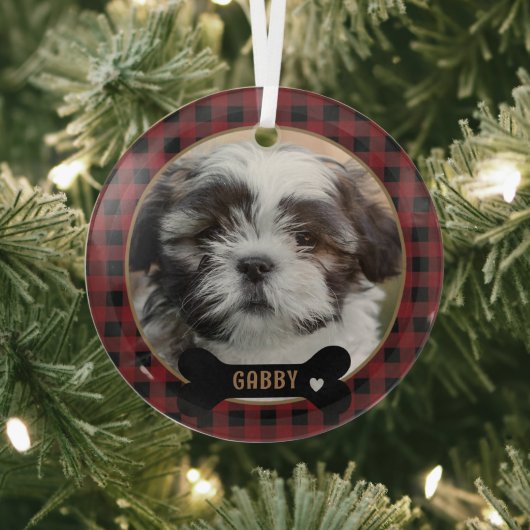 Gepersonaliseerde Pet Red Plaid Kerstmis Glas Ornament (Insitu)