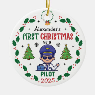 Gepersonaliseerde Pilot Eerste Kerstboom Ronde Keramisch Ornament