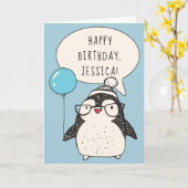 Gepersonaliseerde pinguïn met een blauwe ballon Ve Kaart (Gele Bloem)