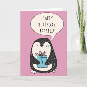 Gepersonaliseerde pinguïn met een verpakt cadeau V Kaart