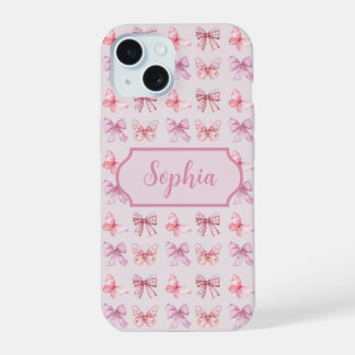 Gepersonaliseerde Pink Bow Coquette stijl iPhone 15 Hoesje