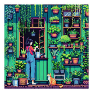 Gepersonaliseerde Pixel Art Planten en Cat Perfect Poster