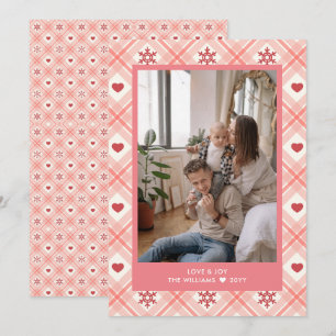 Gepersonaliseerde Plaid Heart Snowflake Foto Feestdagenkaart