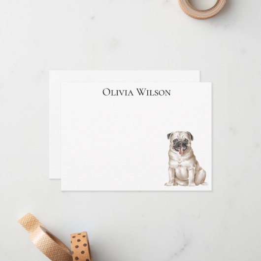 Gepersonaliseerde platte briefkaarten met pug (Voorkant / Achterkant in situ)
