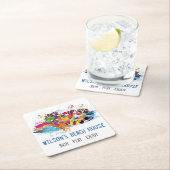 Gepersonaliseerde Pop Art Retro Summer Beach Onder Vierkante Kartonnen Onderzetter (Insitu)