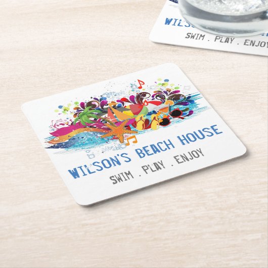 Gepersonaliseerde Pop Art Retro Summer Beach Onder Vierkante Kartonnen Onderzetter (Schuin)
