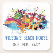 Gepersonaliseerde Pop Art Retro Summer Beach Onder Vierkante Kartonnen Onderzetter (Voorkant)