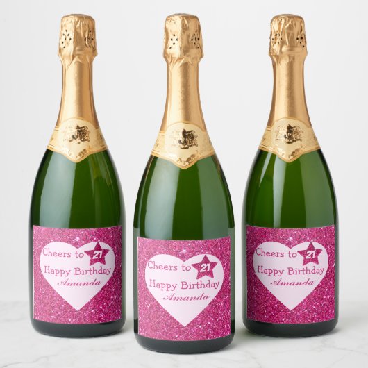 Gepersonaliseerde Proost op 21ste verjaardag Pink  Sparkling Wijnetiket (Flessen)
