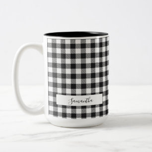 Gepersonaliseerde Pset Black White Rustic Gingham Tweekleurige Koffiemok
