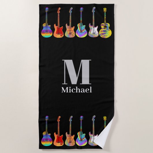 Gepersonaliseerde psychedelische gitaren zwart strandlaken (Voorkant)