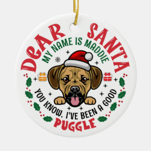 Gepersonaliseerde Puggle Dog Kerstboom Rond Wit Keramisch Ornament