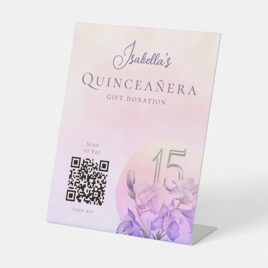 Gepersonaliseerde Quinceanera QR Code Cash App Reclamebord Met Voetstuk (Voorkant)
