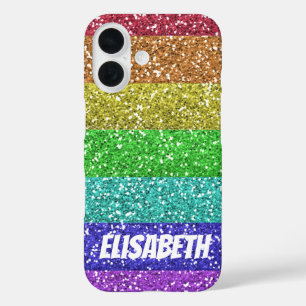Gepersonaliseerde Rainbow Glitter Stripes iPhone 16 Hoesje