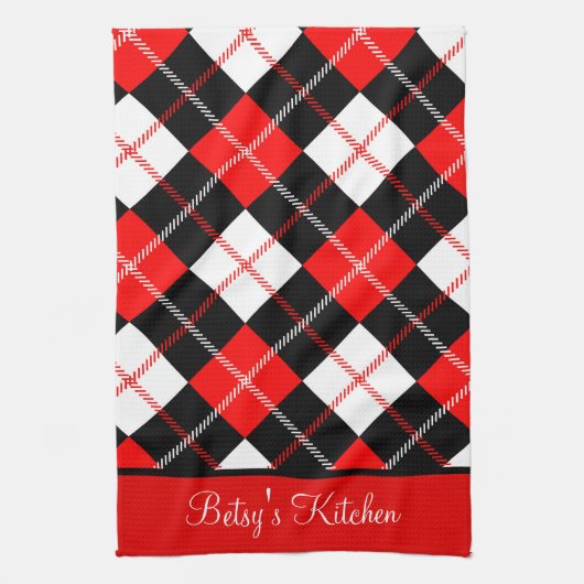 Gepersonaliseerde Red Black White Argyle Pset Kitc Theedoek (Verticaal)