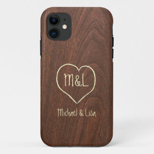 Gepersonaliseerde Red Wood textuur met hart iPhone 11 Hoesje