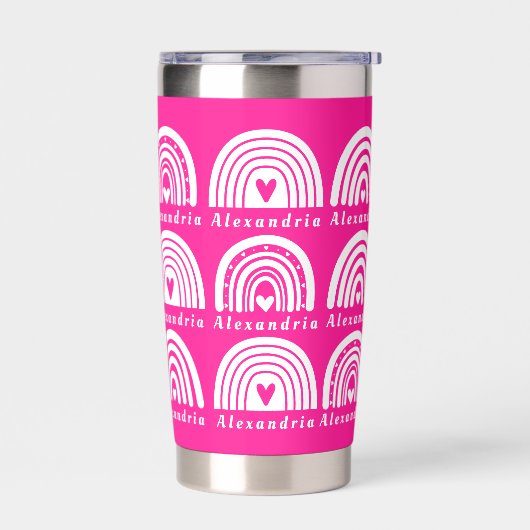 Gepersonaliseerde regenboog patroon heet roze geïsoleerde drinkbeker (Links)
