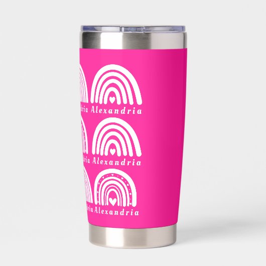 Gepersonaliseerde regenboog patroon heet roze geïsoleerde drinkbeker (Achterkant)