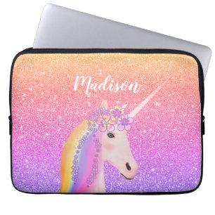 Gepersonaliseerde regenboogontsteking roze glitter laptop sleeve