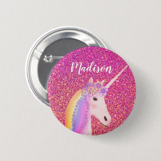 Gepersonaliseerde regenboogontsteking roze glitter ronde button 5,7 cm (Voorkant /achterkant)