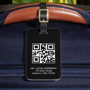 Gepersonaliseerde reis label Naam en qr code zwart Bagagelabel