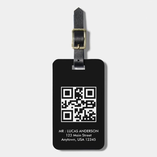 Gepersonaliseerde reis label Naam en qr code zwart Bagagelabel (Voorkant verticaal)