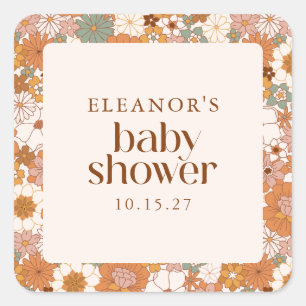 Gepersonaliseerde Retro Aardse Boho Floral Baby sh Vierkante Sticker