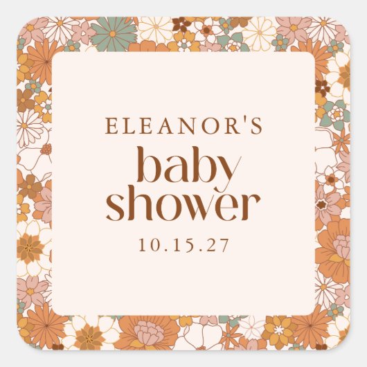Gepersonaliseerde Retro Aardse Boho Floral Baby sh Vierkante Sticker (Voorkant)