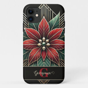 Gepersonaliseerde Retro Floral Art Deco Poinsettia iPhone 11 Hoesje