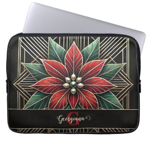Gepersonaliseerde Retro Floral Art Deco Poinsettia Laptop Sleeve