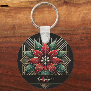 Gepersonaliseerde Retro Floral Art Deco Poinsettia Sleutelhanger