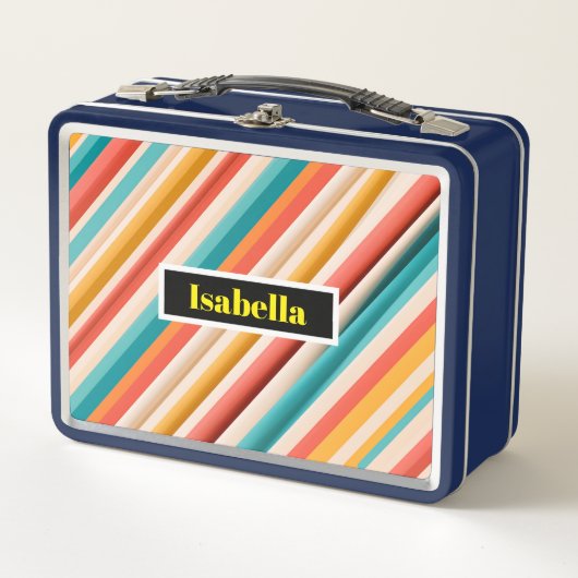 Gepersonaliseerde retro gestreepte metalen lunchbo (Voorkant)