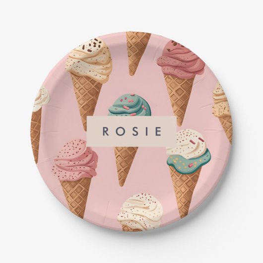 Gepersonaliseerde Retro  Ice Cream Cone Pattern Papieren Bordje (Voorkant)